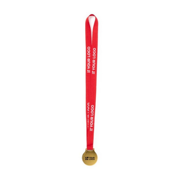 Medaille mit goldener Oberfläche und Band mit Logo