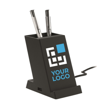 Stifteköcher mit kabelloser Smartphone Ladestation mit Logo