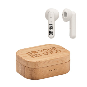 2 Bluetooth Kopfhörer TWS 5.0 für 3 Stunden in bedruckbarer Bambusbox