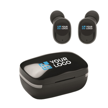 Schwarze kabellose Bluetooth Kopfhörer in Ladebox bedrucken