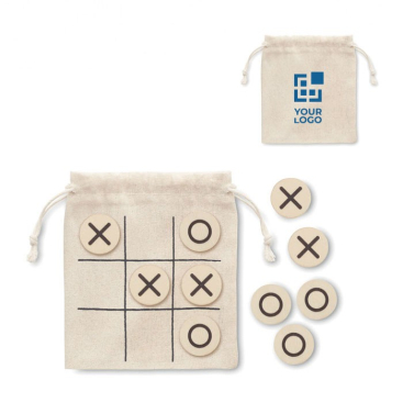 Tic-Tac-Toe-Spiel aus Holz mit Brett in Baumwolltasche als Merchandsing