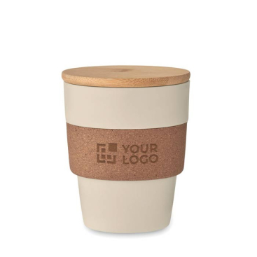 Becher aus recyceltem Kunststoff mit Korkband und Bambusdeckel, 300 ml