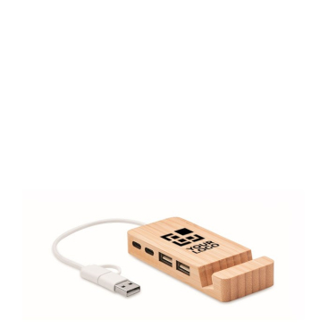 3-Port USB Hub im Bambusgehäuse mit Handyhalter mit Kabel, 20 cm