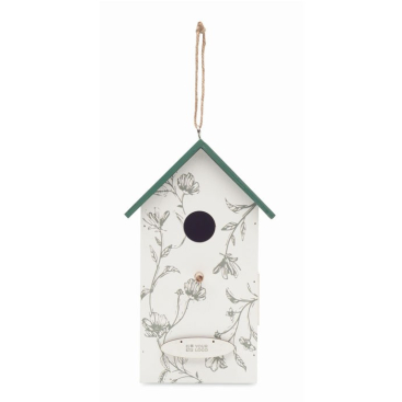 Hängendes Vogelhaus aus Holz mit Blumenmuster