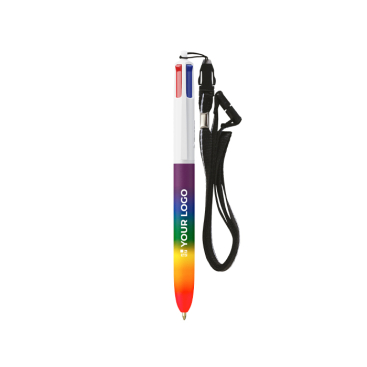Kugelschreiber aus Kunststoff in Regenbogenfarben mit Band und 4 Farben Tinte BIC®