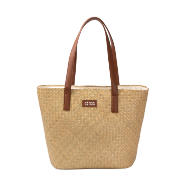 Strohtasche mit Baumwollfutter und langen Henkeln aus Kunstleder