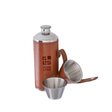 Edelstahlflasche mit 2 Bechern und Lederhülle, 230 ml