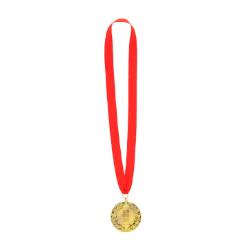 Sieger-Medaille mit goldener Oberfläche und rotem Umhängeband