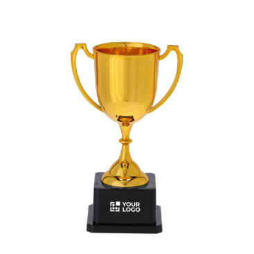 Goldfarbene Trophäe mit 2 Griffen auf schwarzem Sockel