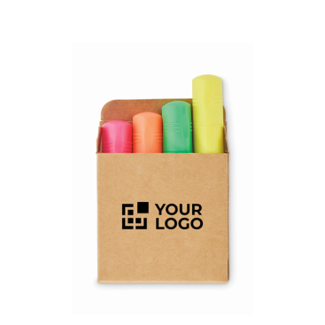 Set mit 4 Textmarkern in fluoreszierenden Farben in personalisierbarer Kraftbox
