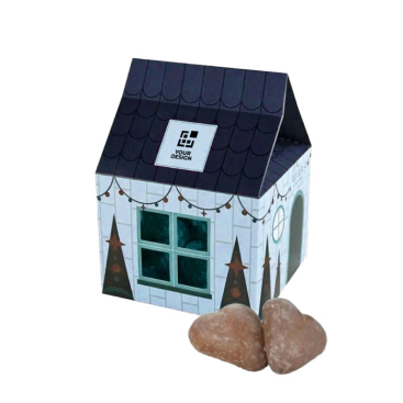 Kleines Haus mit gefüllten Herz-Lebkuchen mit Logo bedrucken