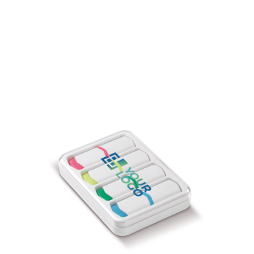 Kit mit 4 Mini-Markern in verschiedenen Farben in transparenter Box Ansicht mit Druckbereich