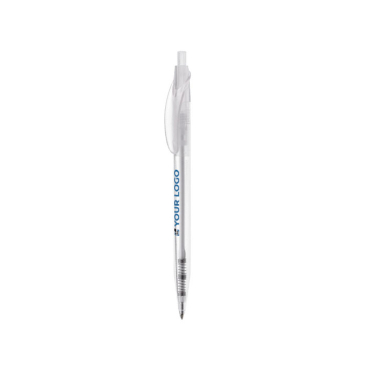 Transparenter Kugelschreiber mit gebogenem Clip, blaue Tinte Ansicht mit Druckbereich