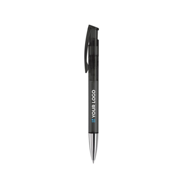 Farbiger transparenter Kunststoffstift mit Metallspitze, blaue Tinte Ansicht mit Druckbereich
