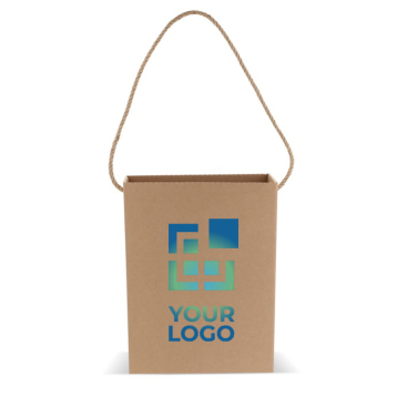Vertikale Geschenktasche aus Karton mit langen Jutehenkeln, made in EU Ansicht mit Druckbereich