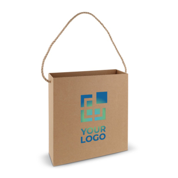 Quadratische Geschenktasche aus Karton mit langen Jutehenkeln Ansicht mit Druckbereich