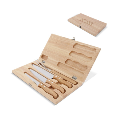 Holzkoffer mit 3 Grillmessern und Gabel