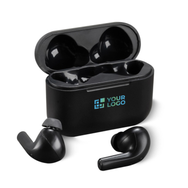 Klassische True Wireless Stereo-Ohrhörer im schwarzen Ladeetui Ansicht mit Druckbereich
