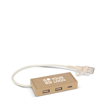 Hub aus Recyclingpapier mit 2 USB-Eingängen und einem USB-C Ansicht mit Druckbereich