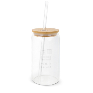 Glas in Becherformat mit Bambus-Schraubdeckel und Strohhalm, 450 ml Ansicht mit Druckbereich
