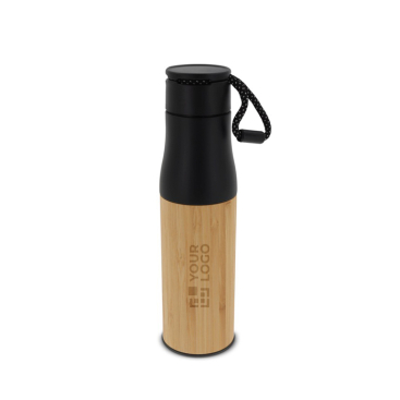 Edelstahlflasche mit Bambusdetails und Kordel zum Tragen, 500 ml Ansicht mit Druckbereich