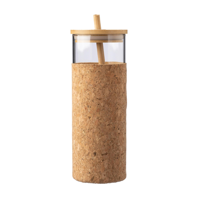 Glasbecher 450 ml mit Korkhülle, Bambusdeckel und -strohhalm