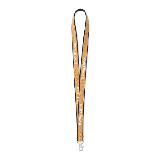 Individuell gefertigtes Lanyard aus Polyester und Kork mit Karabiner