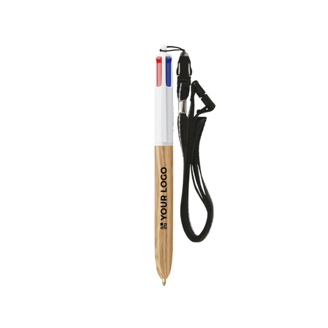 Kugelschreiber aus Kunststoff in Holzoptik mit 4 Farben Tinte BIC®