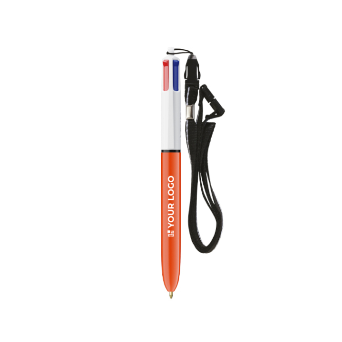 Kunststoff-Kugelschreiber mit Umhängeband und feiner 4-Farben-Schrift BIC®
