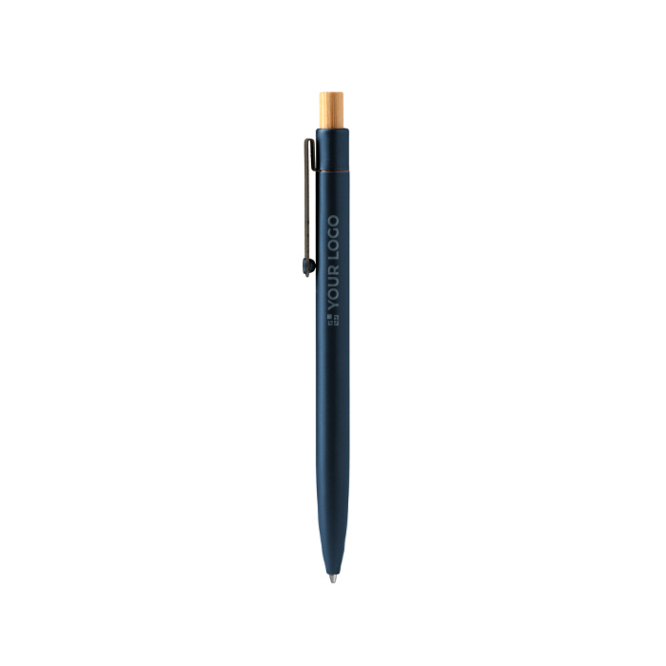 Aluminium-Kugelschreiber mit Druckknopf aus Bambus, Metallclip und blauer Tinte