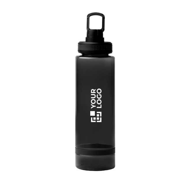 Transparente Trinkflasche aus recyceltem Kunststoff mit Trinkaufsatz und Griff, 750 ml