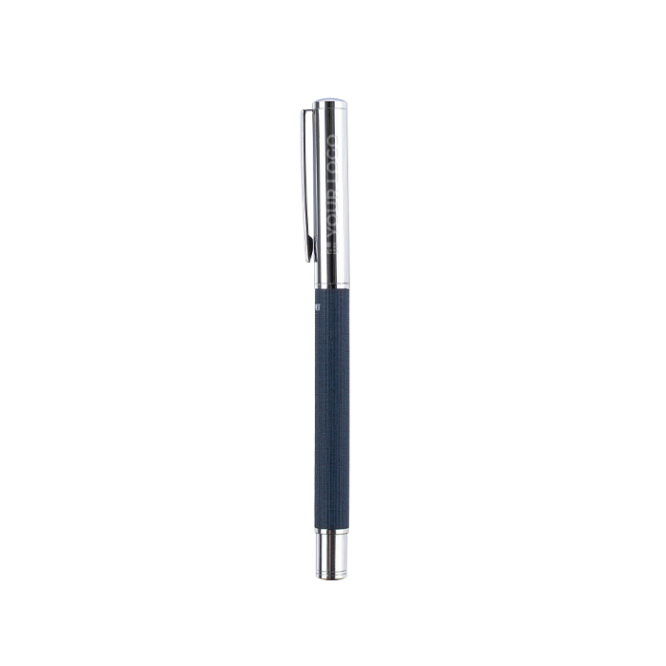 Rollerball aus Messing und RPET, personalisierbar, mit blauer Tinte