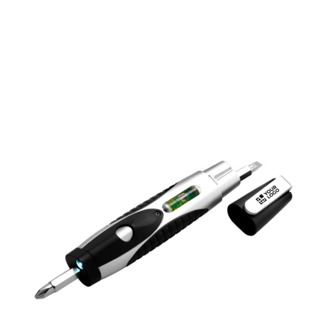 Multitool mit Schraubendrehern, Wasserwaage und Taschenlampe