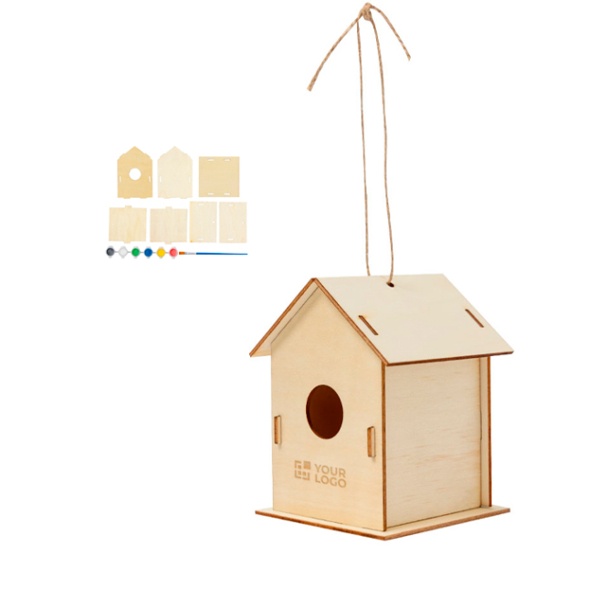 Holz-Vogelhaus mit 6 Wasserfarben und Pinsel zum Anmalen
