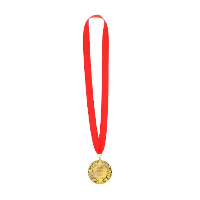 Sieger-Medaille mit goldener Oberfläche und rotem Band