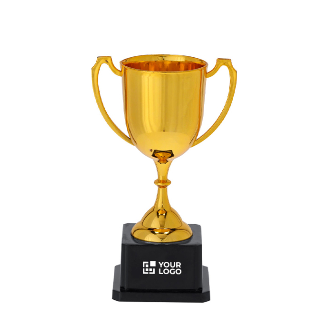 Goldfarbene Trophäe mit 2 Griffen auf schwarzem Sockel