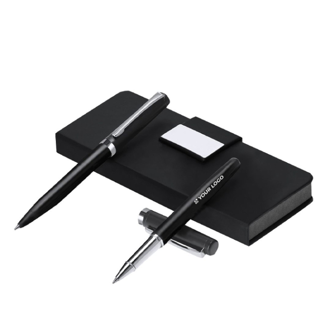 Set aus Kugelschreiber und Edelstahl-Tintenroller mit Etui, blau