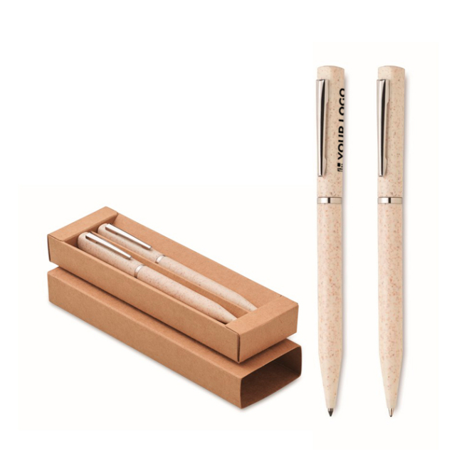 2 Kugelschreiber aus Weizenstroh mit Bleistift, blaue Tinte