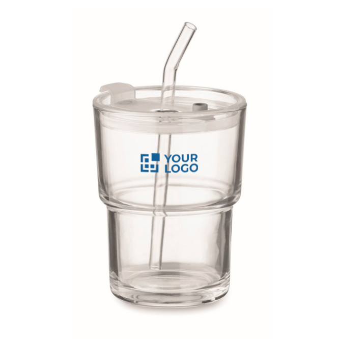 Auslaufsicherer Glasbecher mit Glasstrohhalm, 300 ml