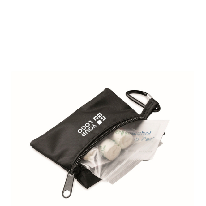 Kompaktes Erste-Hilfe-Set in RPET-Tasche mit Aluminiumkarabiner