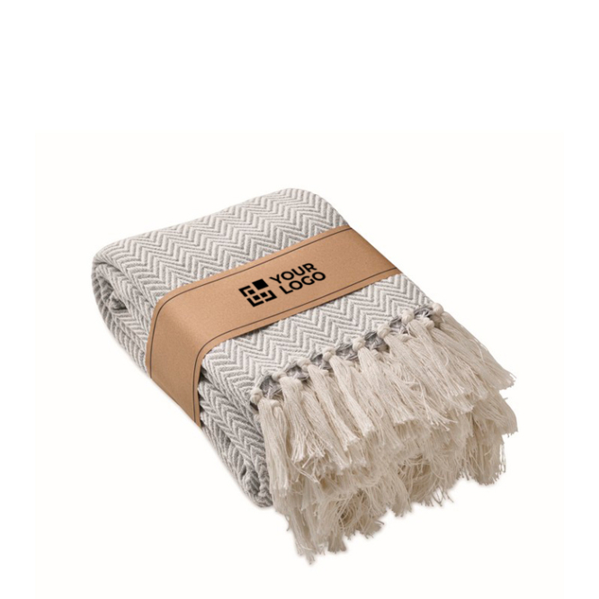 Decke mit Fransen aus recycelter Baumwolle und Band, 400 g/m²
