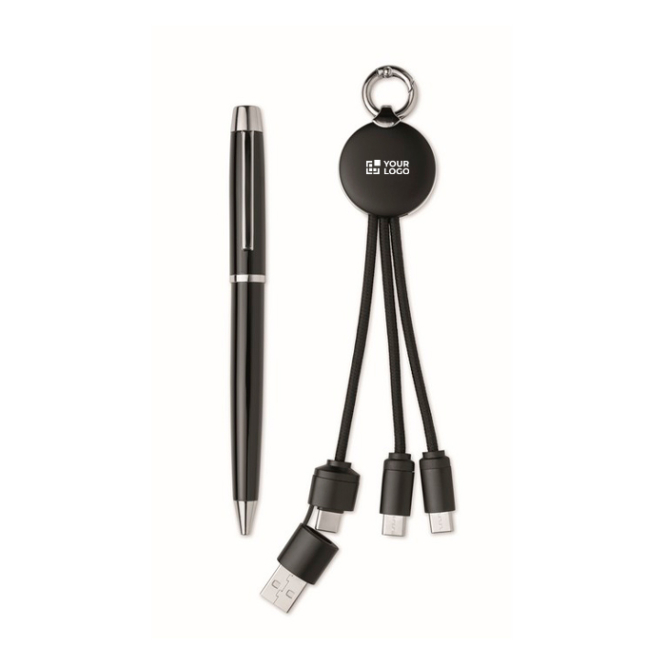 Geschenkset mit Metallkugelschreiber und Schlüsselanhänger mit 2-in-1-Ladekabel