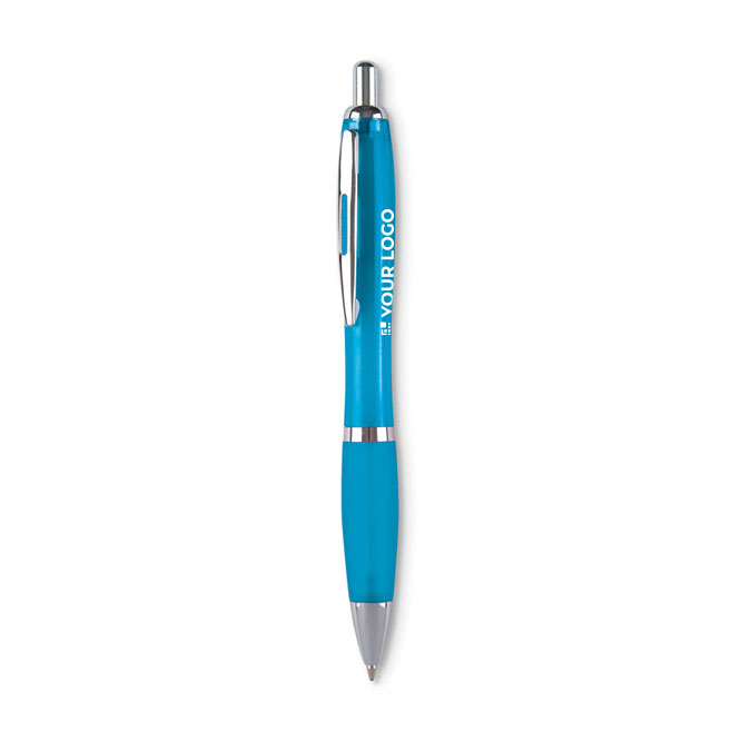 Kugelschreiber aus ABS-Kunststoff, Druckknopf, Softgriff, blau