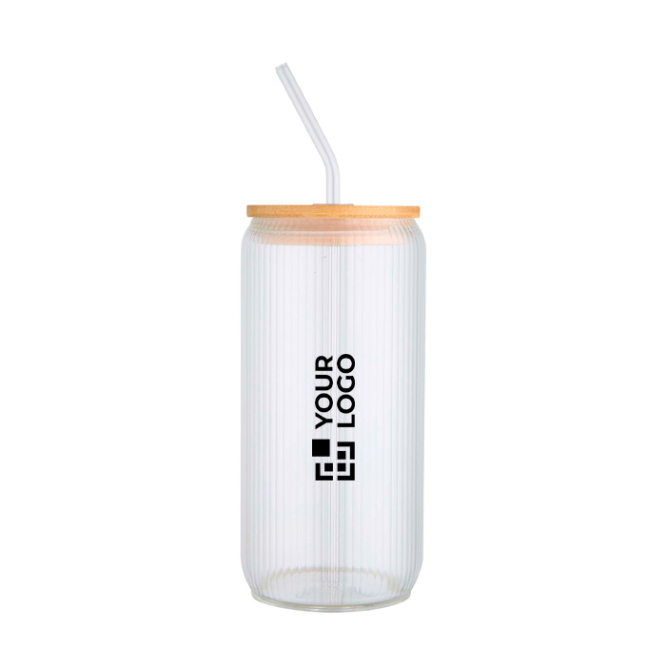 Becher aus Borosilikatglas mit Bambusdeckel und Trinkhalm 500 ml