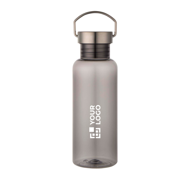 Trinkflasche aus recyceltem Kunststoff mit Edelstahl-Schraubverschluss und Tragegriff, 600 ml
