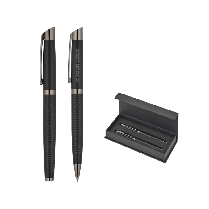 Schreibset mit Kugelschreiber und Rollerball aus mattem Aluminium, blaue Tinte