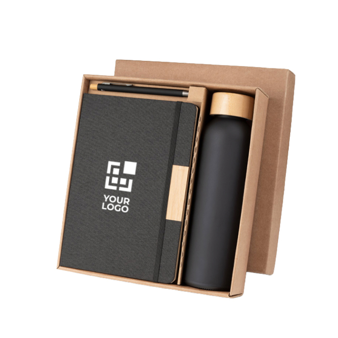 Büroset mit Glasflasche 520 ml, A5-Notizblock und Kugelschreiber mit blauer Tinte