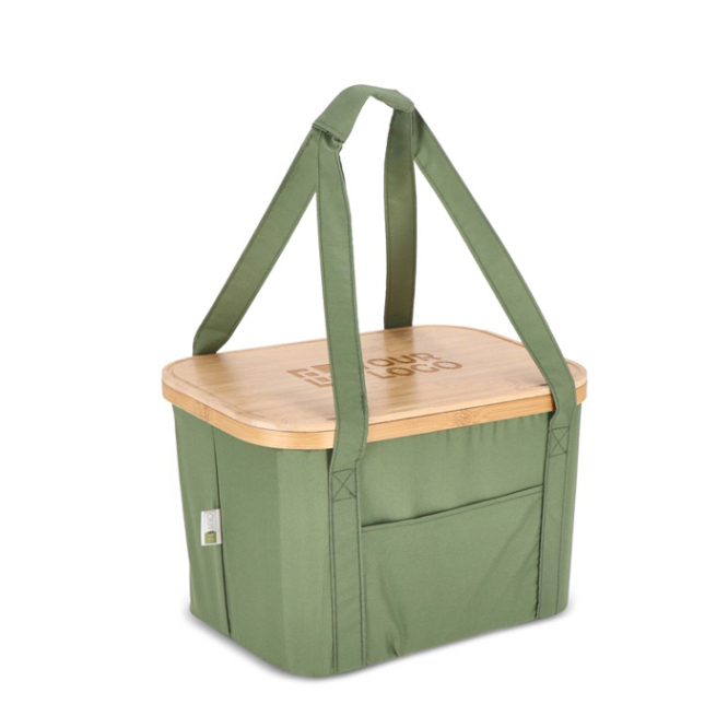 Picknickkorb mit Holzdeckel und innen mit Kühltasche
