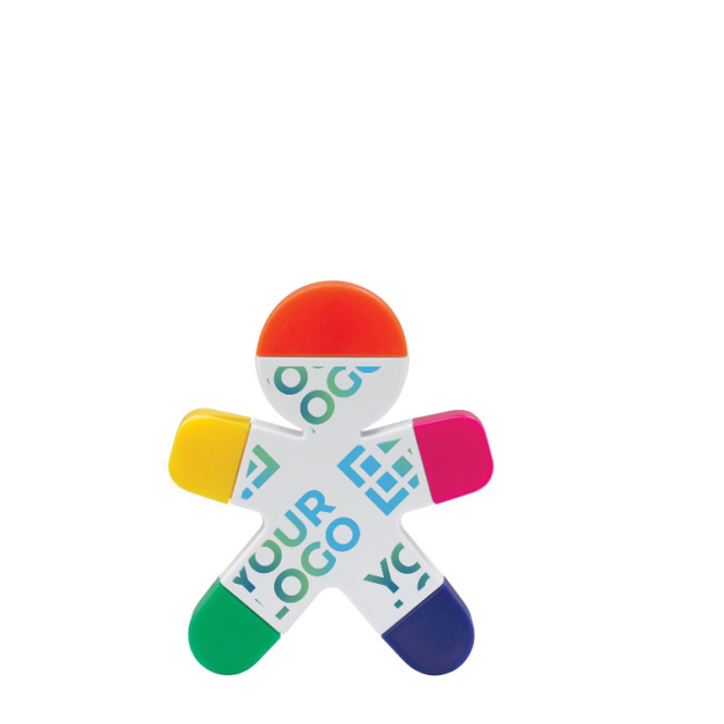 Textmarker in Form eines Männchens mit 5 verschiedenen Farben Ansicht mit Druckbereich