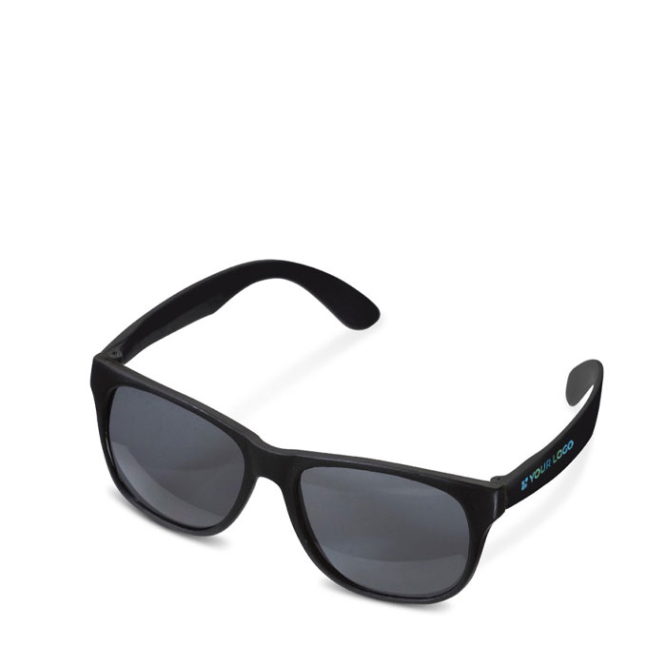 Neonfarbene Sonnenbrille mit schwarzem Rahmen und UV400-Schutz Ansicht mit Druckbereich